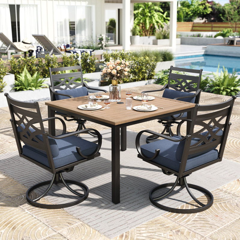 4 - Person Metal Patio Dining Set With Square Table , Cushions Included, Blue