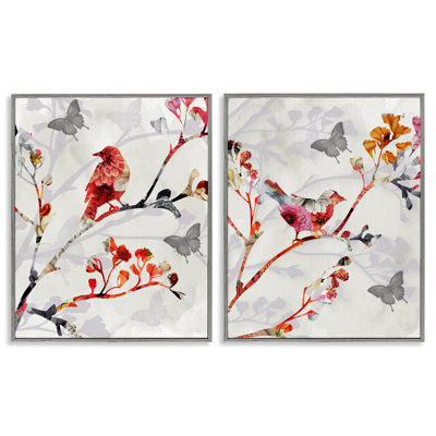 «Flower Birds on Branch», ensemble de 2 estampes numériques encadrées par Susan Jill