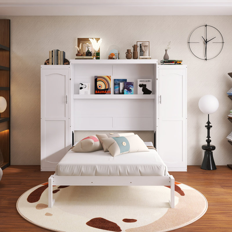 Lit escamotable double à structure en bois avec 2 garde-robes et tablette de rangement, Lit double