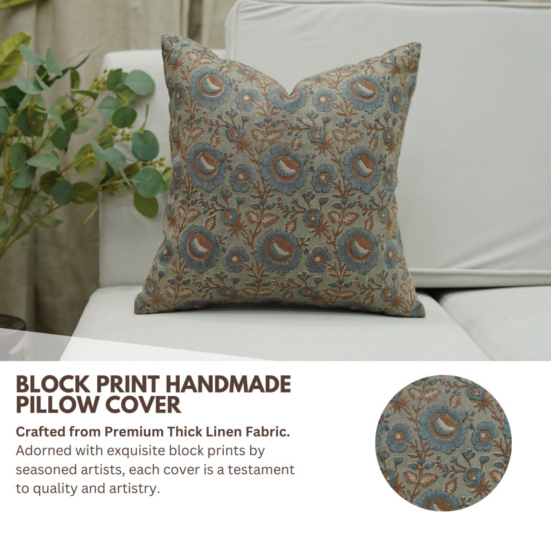 Fabdivine Pillow Cover Handmade Block Print Cushion-Sun Flower, Blue Block Print/Floral, Square 16"
