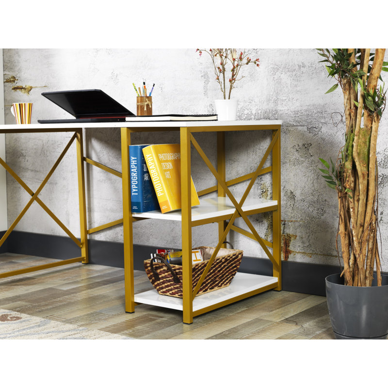 Walnut and Black Metal Frame 47" Writing Desk with Shelves