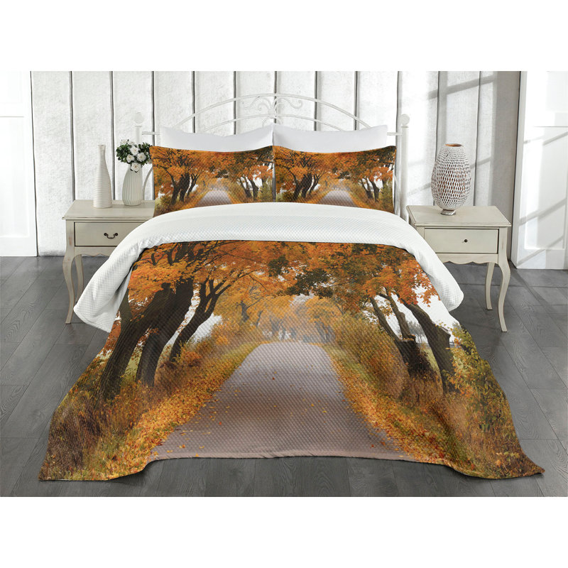 Ambesonne Fall Bedspread Set Serene Vivid Maple Trees Orange Brown Green, King Bedspread + 2 Standard Shams