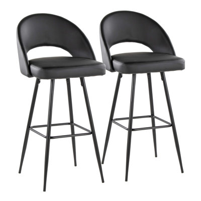 Fixed-Height Barstool In Metal And Faux Leather With Square Footrest - Set Of 2