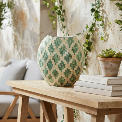 Vase décoratif Rhys, motif mosaïque vert-blanc appliqué à la main 14 pouces