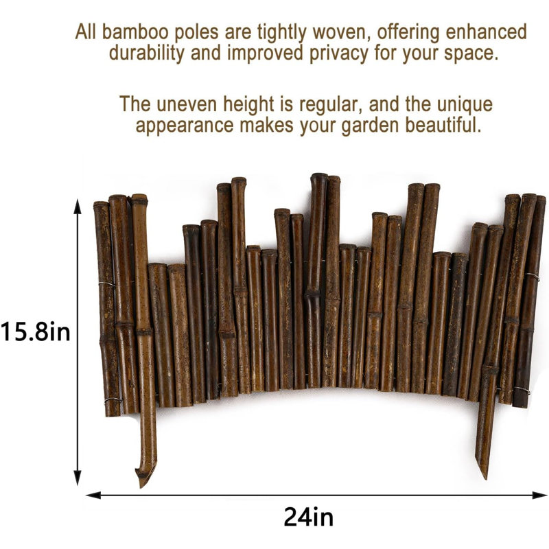 Bordure de jardin en bambou naturel, 40 cm (H) x 61 cm (L), bambou, lot de 12, bordure décorative, brun-noir, finition polie à la main avec traitement résistant aux intempéries