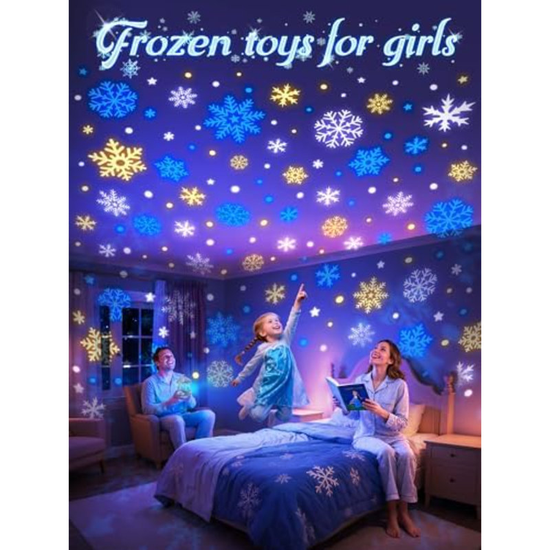 Night Light Snow for Kids, 15 White Noise+16 Films+336 Colors Star Projector for Kids, 360°+Remote+Cordless Baby Night Light Projector, Princess Toys for Girls Room Decor Light