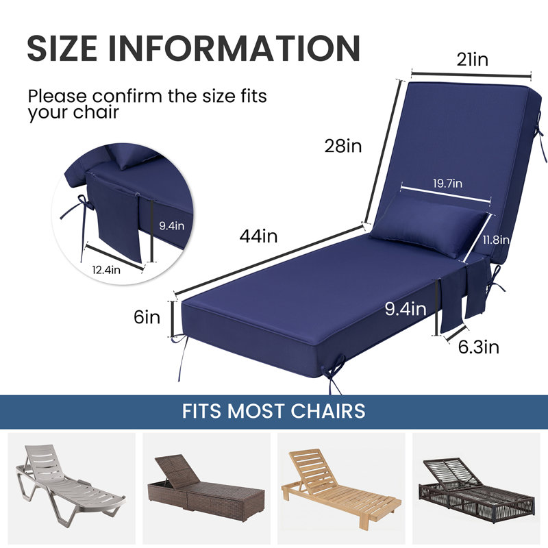 Coussin de siège / dossier de chaise longue l 21 po x P 72 po x H 6 po avec coussin et poche, 2, Marine