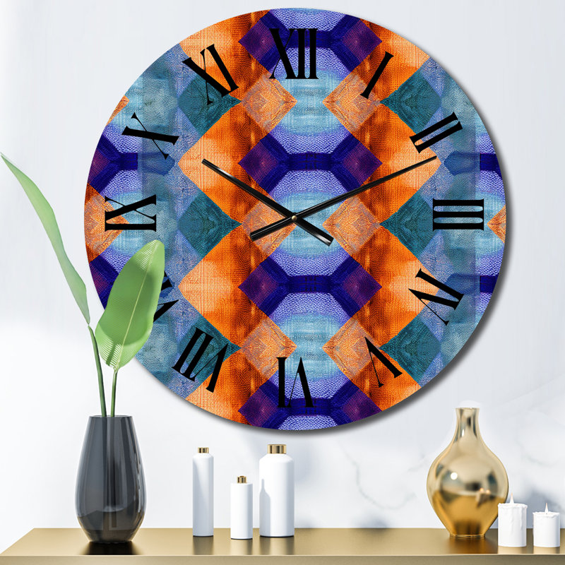 Horloge murale rétro géométrique en métal orange, bleu et mauve, Petit