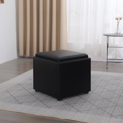 17.7" Faux Leather Storage Ottoman With Reversible Tray Top