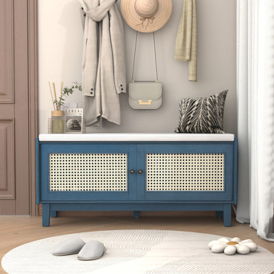 Banc en rotin pour hall d'entrée avec rangement, banc à chaussures rembourré avec portes doubles, banc de rangement en bois pour hall d'entrée et couloir
