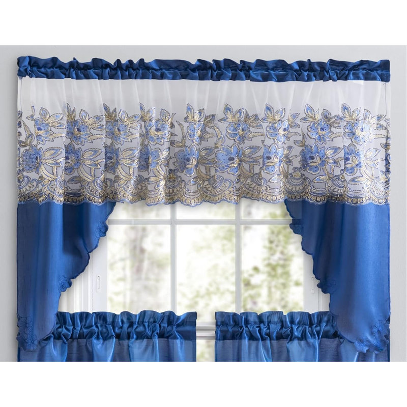 Luxury Semi-Sheer 3-Piece Linen Curtain Set With Delicate Sequin Embroidery – Elegant Valance & Tiers For Kitchen, Living Room, Or Bathroom – Romantic & Stylish Window Dressing Loved By Families， Blue