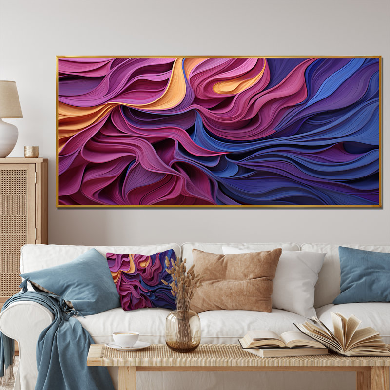 Art mural géométrique bleu et mauve, Cadre flottant doré, H 28 po x l 60 po x P 1,5 po