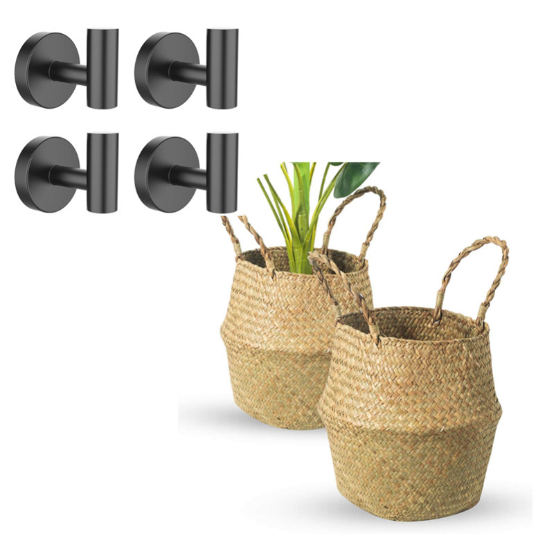 2Pcs Seagrass Belly Basket And 4 Packs Screw-In Matte Black Bathroom Towel Hook