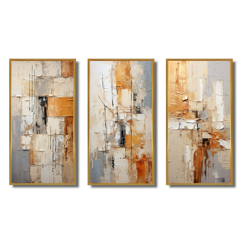 Abstraction géométrique - ensemble d'art abstrait de 3 pièces, Encadrement doré, H 32 po x l 48 po