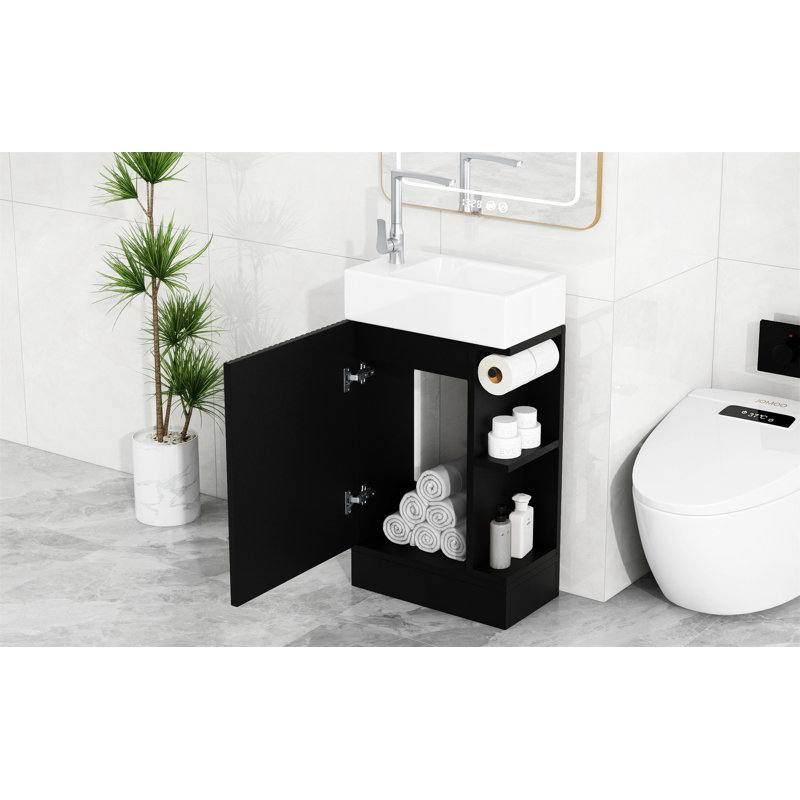 Meuble-lavabo 18,6 po avec lavabo en céramique, porte et armoire de rangement, Noir, noir, noir, noir