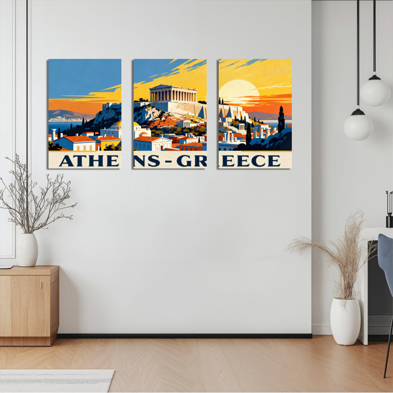 Ensemble de 3 affiches de voyage vintage sur toile tendue représentant Athènes, Grèce, H 30 po x l 60 po