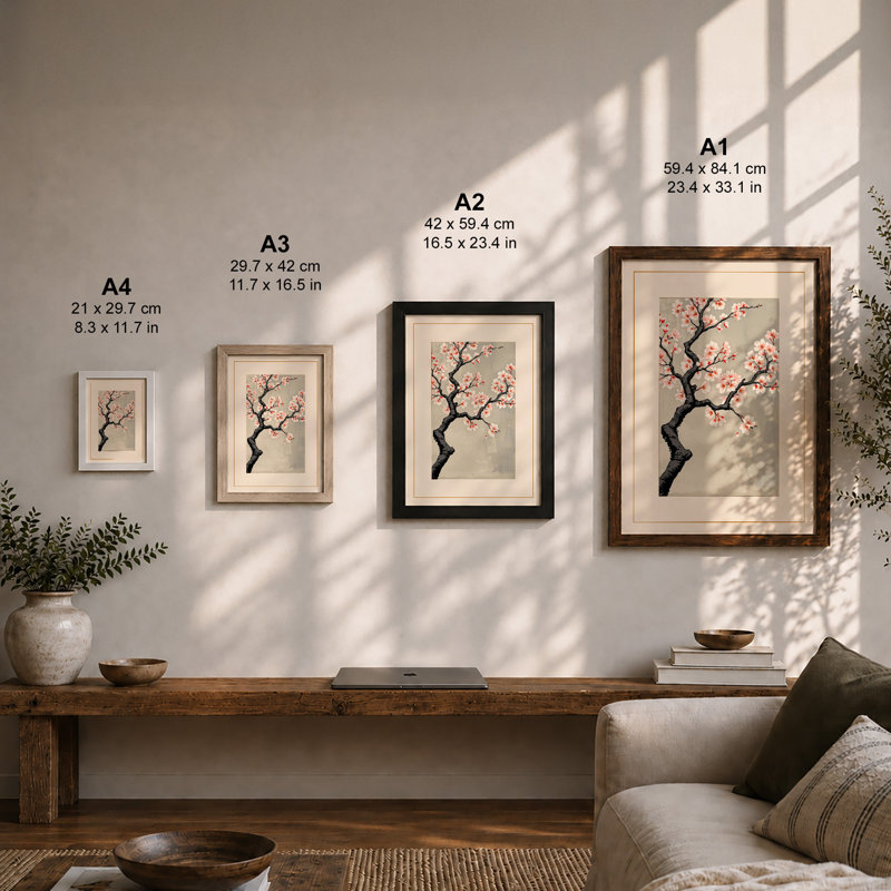 Blossoming Ancient Tree Japandi - Framed Print, Oak, A3 - 42.0 x 29.7 cm