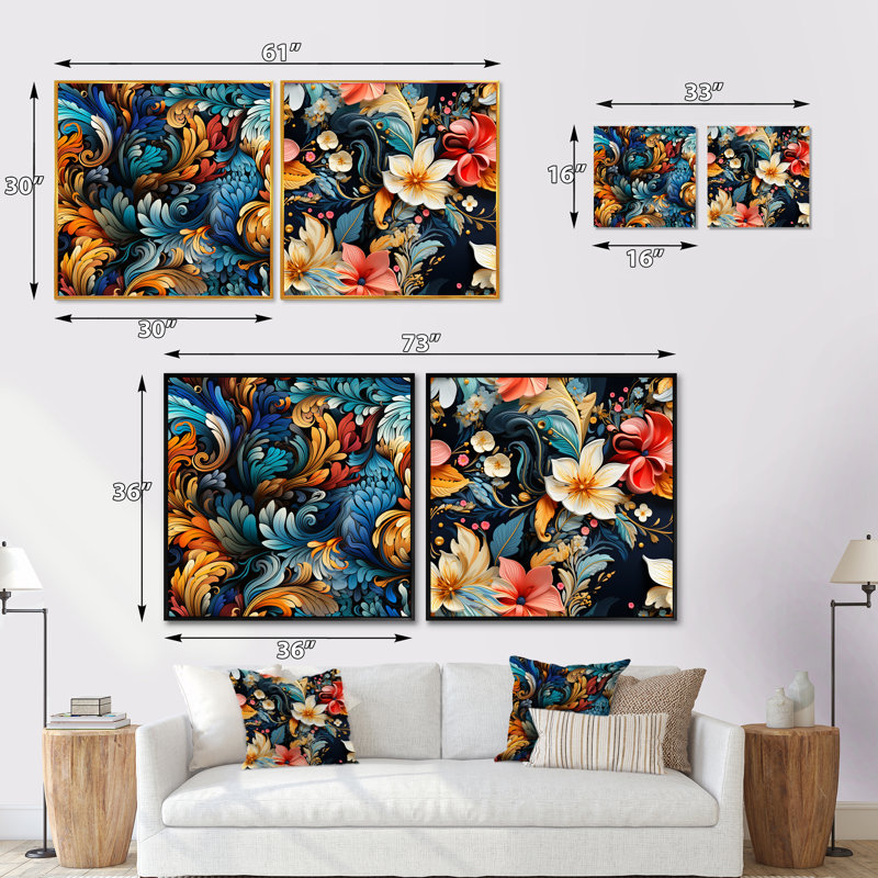 Minehead - Ensemble de 2 collages floraux et botaniques carrés, Cadre flottant doré, H 30 po x l 61 po