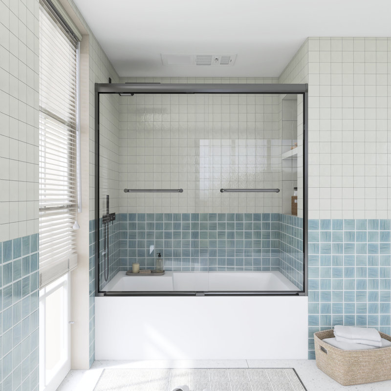 56-60" W × 60" H Double Sliding Framed Tub Door, Gun Ash