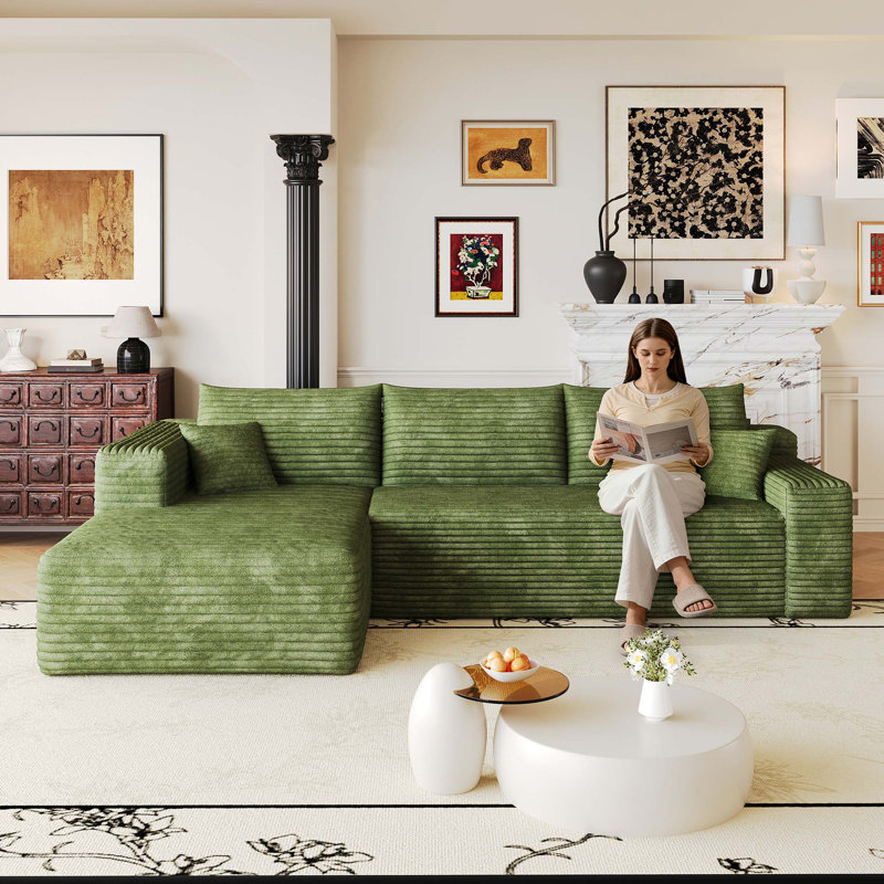 Canapé d'angle Cloud de 262 cm, canapé en L moderne et minimaliste avec revêtement en velours côtelé moelleux, Green Corduroy