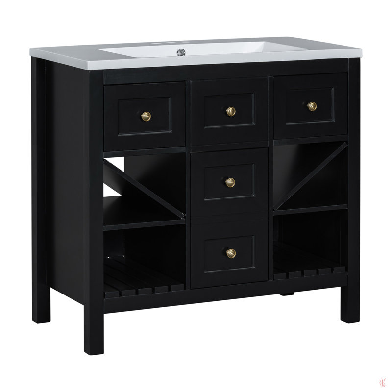 Ensemble de meuble-lavabo 36 po avec lavabo en résine, armoire de rangement en bois massif, ensemble de meuble-lavabo autoportant avec 5 tiroirs et portes à fermeture douce