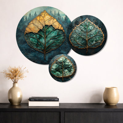 Modern Emerald Leaves Energy Of The Forest I – Gold Botanical 3 Panel Metal Wall Decor Set
