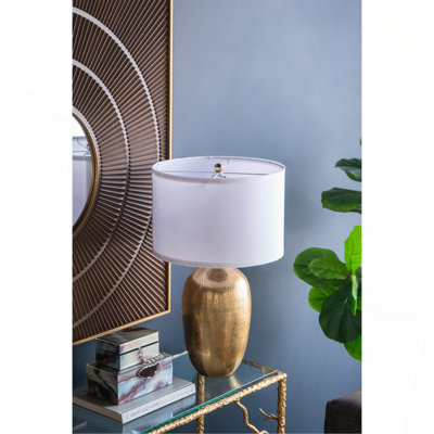 D18"x31" Gold Aluminum Round Table Lamp with White Fabric Shade, Lamp Shade Assembly Required