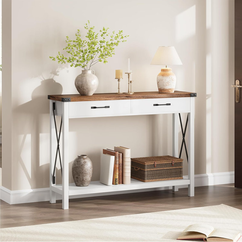 Wooden Entryway Table, Farmhouse Console Table With 2 Drawers, Sofa Table With Storage