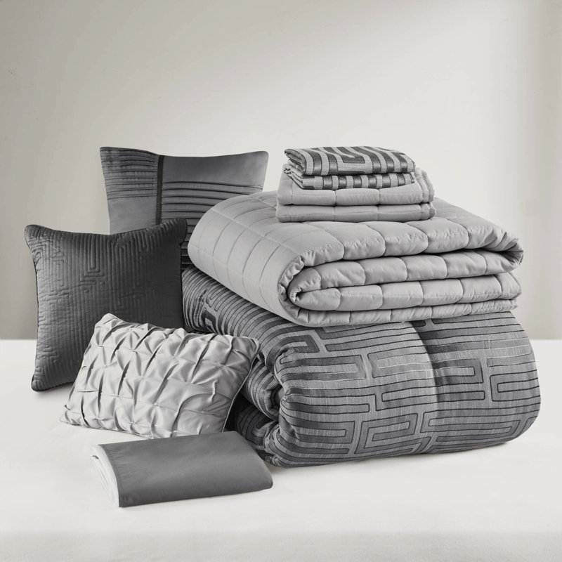 Édredon 10 pièces grand luxe gris - pièce complète et courtepointe avec motif géométrique brodé, design, confort toutes saisons, coutures intemporelles, coussins décoratifs de 15 pouces