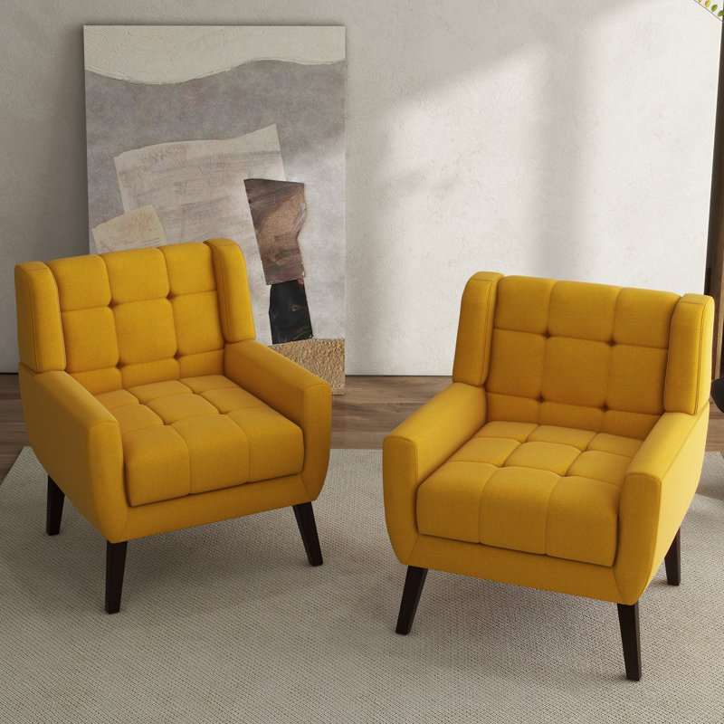 Yellow Linen Tufted Accent Armchair Set with Solid Wood Legs