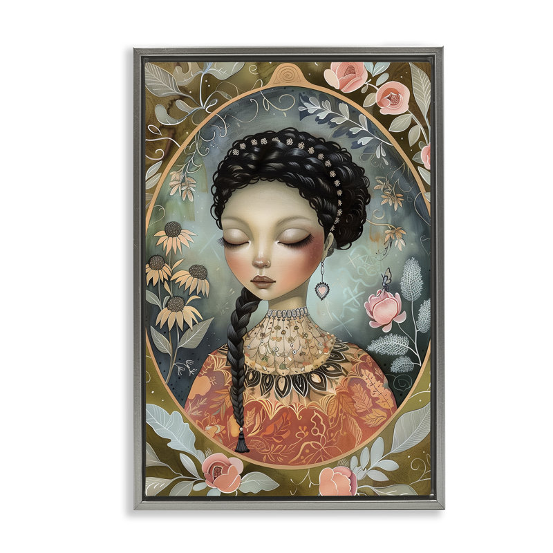 Cadre flottant à bordure florale avec portrait de femme, design par The Dutch Lady, H 31 po x l 21 po