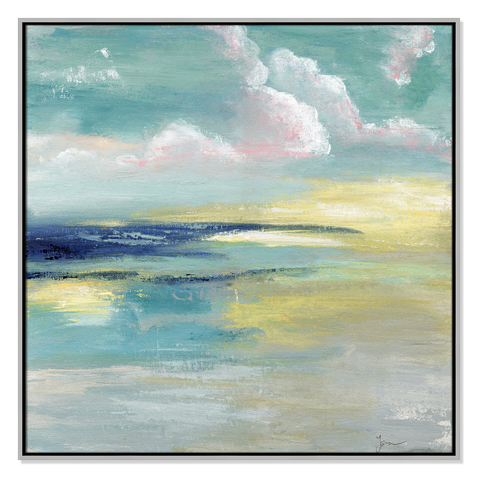Bertie "Ocean View" Painting by Tava Studios, Silver Framed Canvas, 37.5" H x 37.5" W x 2" D