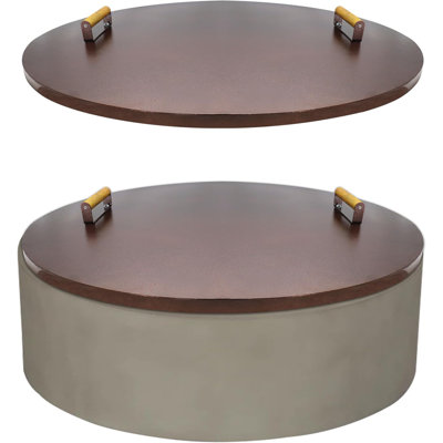 Arlmont & Co. Outdoor Fire Pit Lid - Powder Coated 16 Gauge Carbon Steel Drop In Burner Fire Pit Cover Round With 2 Wooden Grip Handles - Compatible For Fire Pit Ring Inside Dia Up To 36"