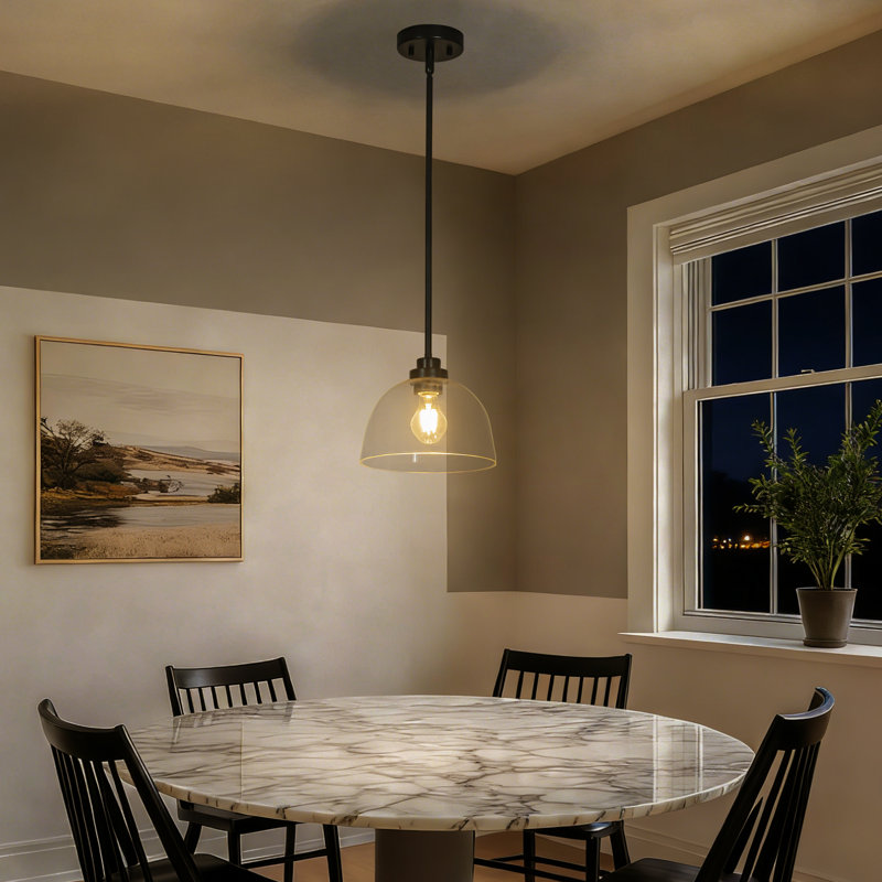 Modern 1-Light Single Dome Kitchen Island Pendant With Clear Glass, Matte Black