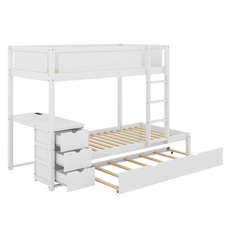Bunk Bed With Trundle And Desk, Twin Over Twin, White