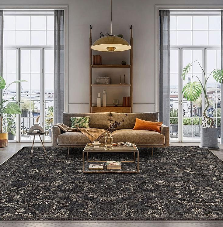 Queens Hand Knotted Wool Area Rug in Midnight/Ivory/Gray, Rectangle 9' x 12'