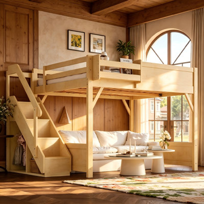 Modern Wood Loft Bed with Storage Drawers & Wardrobe, High Bed with Safety Guardrails and Easy-Climb Stairs