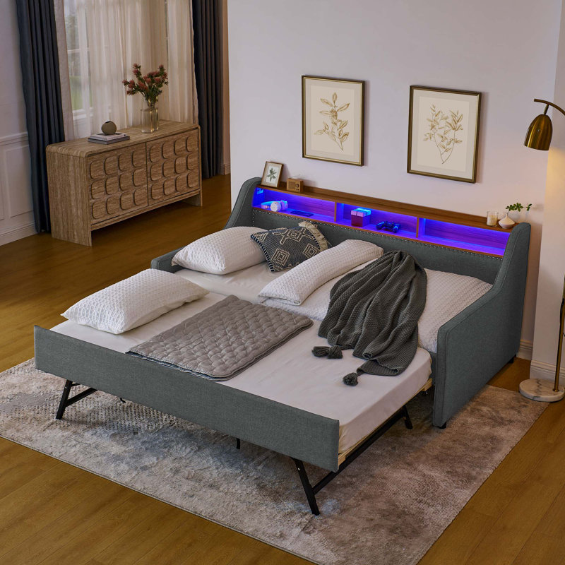 Twin Size Upholstery Sofa Bed with Three LED lights and  Pull up Trundle, Dark Gray