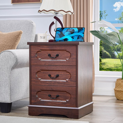 Farmhouse 3 Drawer Dresser for Bedroom with Charging Station, Rustic Small Drawers Dressers Nightstand