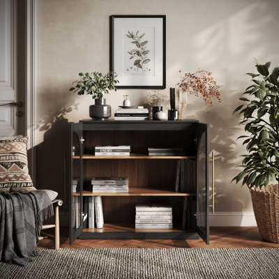 Ranlo Modular Cabinet with Double-Arc Glass Doors - Ebony