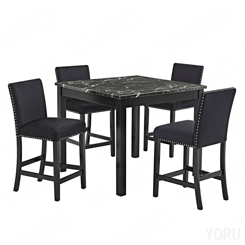 Ensemble de salle à manger à hauteur de comptoir 5 pièces Table carrée en faux marbre et chaises rembourrées