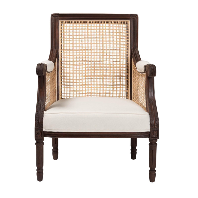 Fauteuil d'appoint traditionnel en tissu beige français et bois brun foncé
