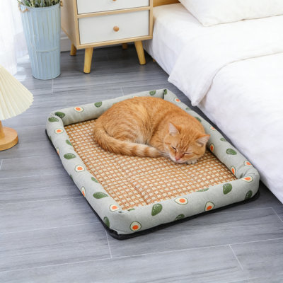 27.6*35.4Inch Summer Cooling Rattan Pet Bed, Breathable Woven Dog Cat Mat with Cute Print Border, Non-Slip Pet Sleeping Pad for Home Use