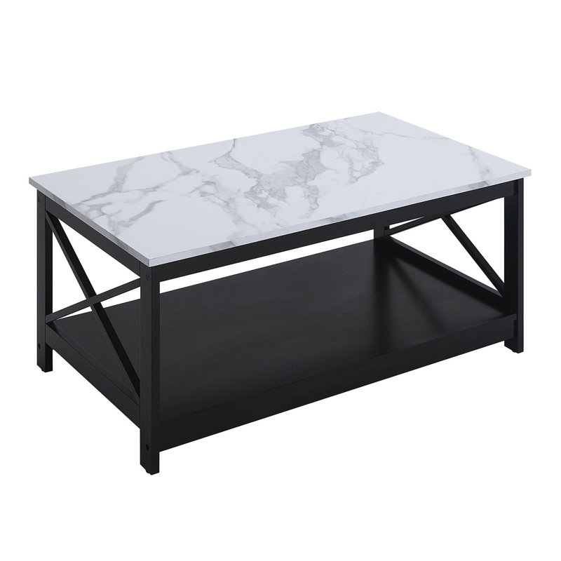 Darek 4 Legs Coffee Table with Storage, White Faux Marble/Black