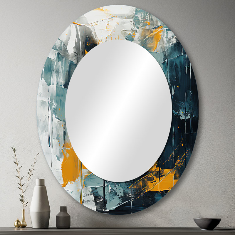 Bliss Of Happiness In Yellow And Blue III - Blue Modern Oval Wall Mirror, 43" x 33"