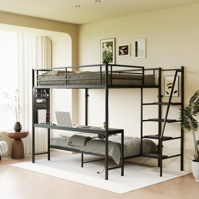 Black Full Size Bed With Bunk, Led Lights, Desk, And - Tipping Wall Hardware For Secure Bedroom Setup Bunk Twin, Built In Workspace, Guardrails, Lighting Personalization