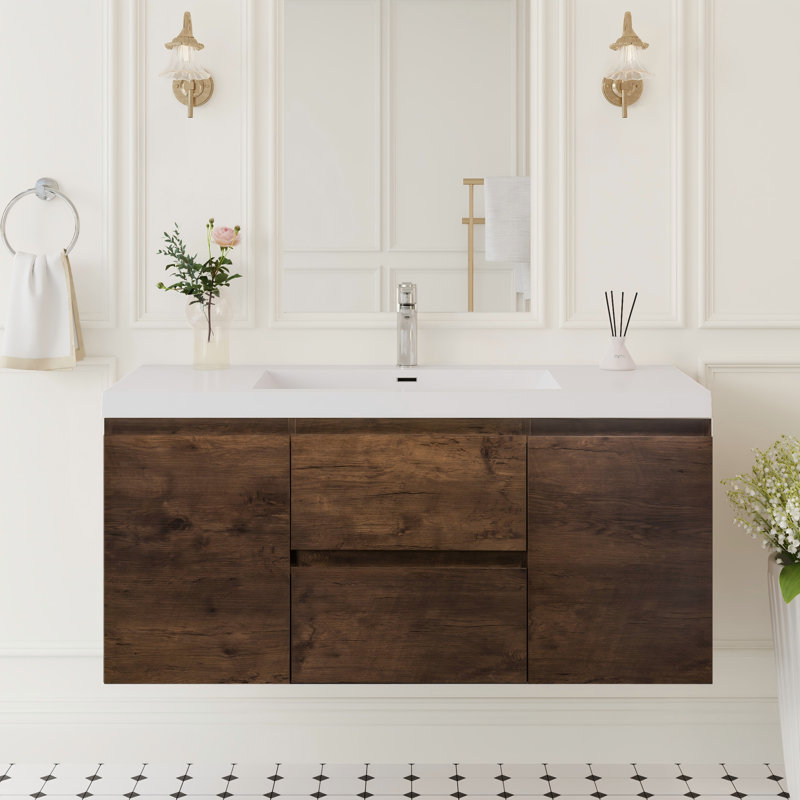 Meuble-lavabo mural simple 48 po avec plateau en résine intégré, 2 armoires, 2 tiroirs à fermeture en douceur et assemblage complet