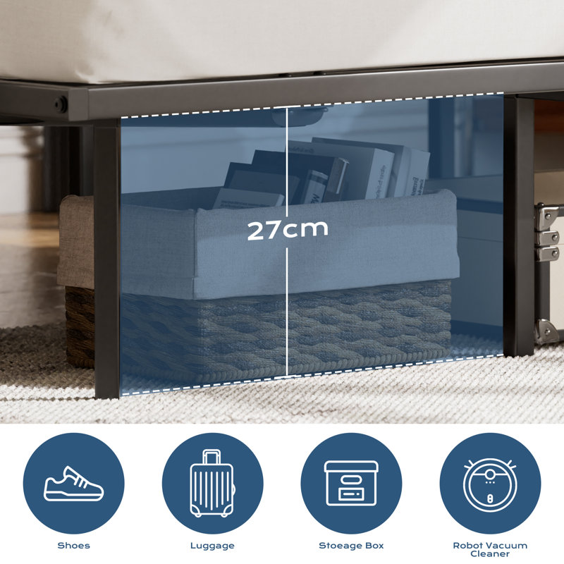 Aether Floating Metal Bed Frame with Charging & LED Lighting & Shelves, No Box Spring Needed, Kingsize (5')
