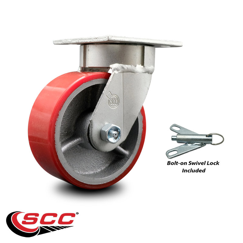 Roulettes pivotantes en poly sur roulettes en acier 5 pouces avec verrou pivotant SCC, Rouge