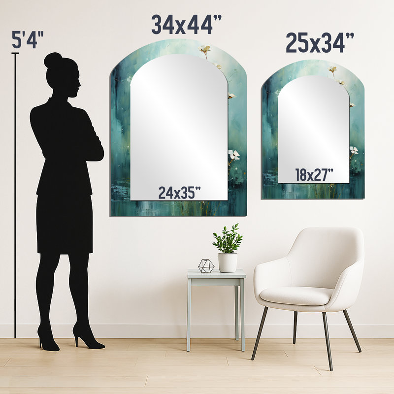 Miroir décoratif Misty Meadow IV - Paysages arqués, miroir mural asymétrique moderne, 34 po x 25 po